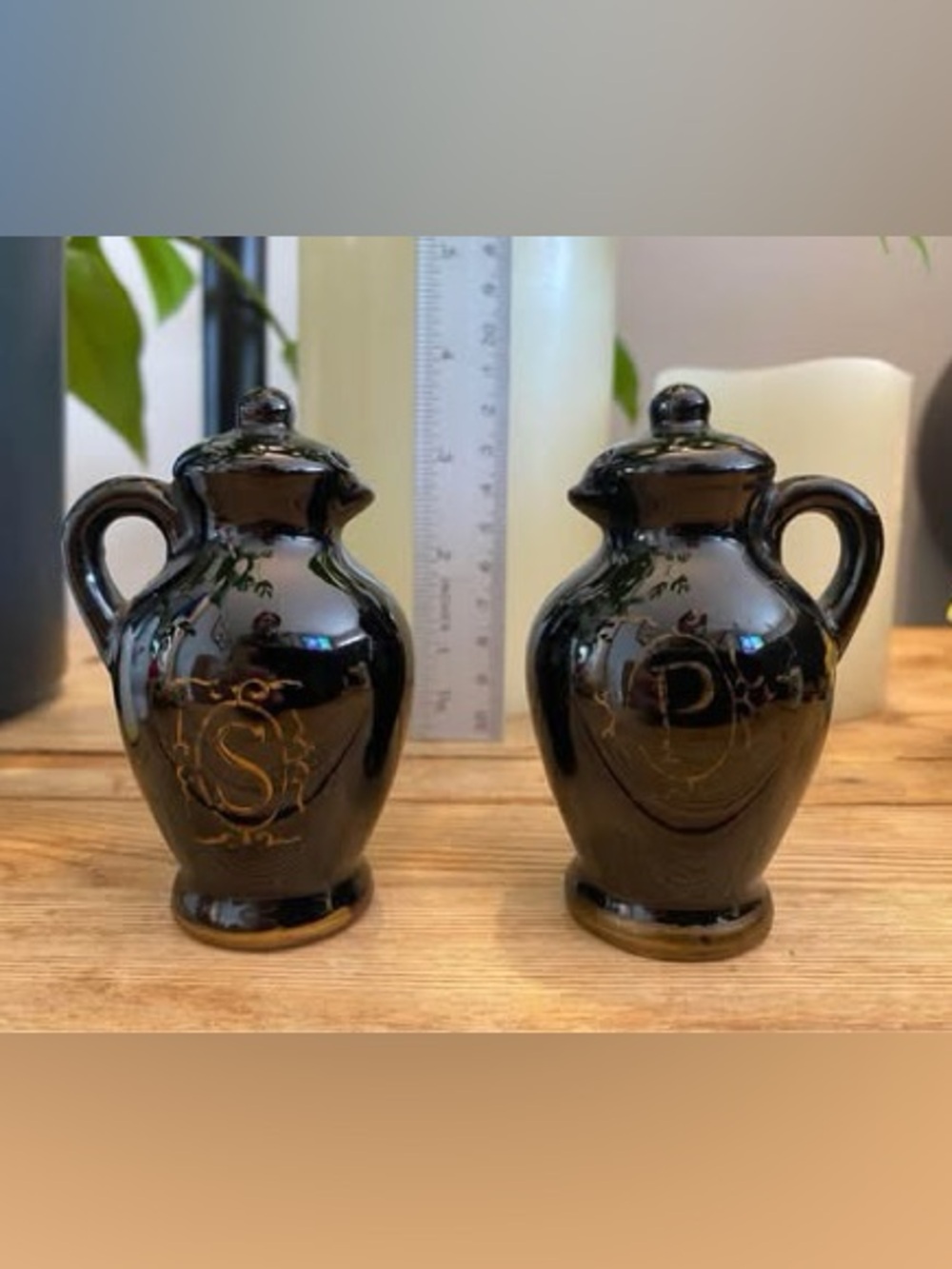 Vintage Black Ceramic Jug Salt & Pepper Shakers Gold Script S & P Cork Stoppers